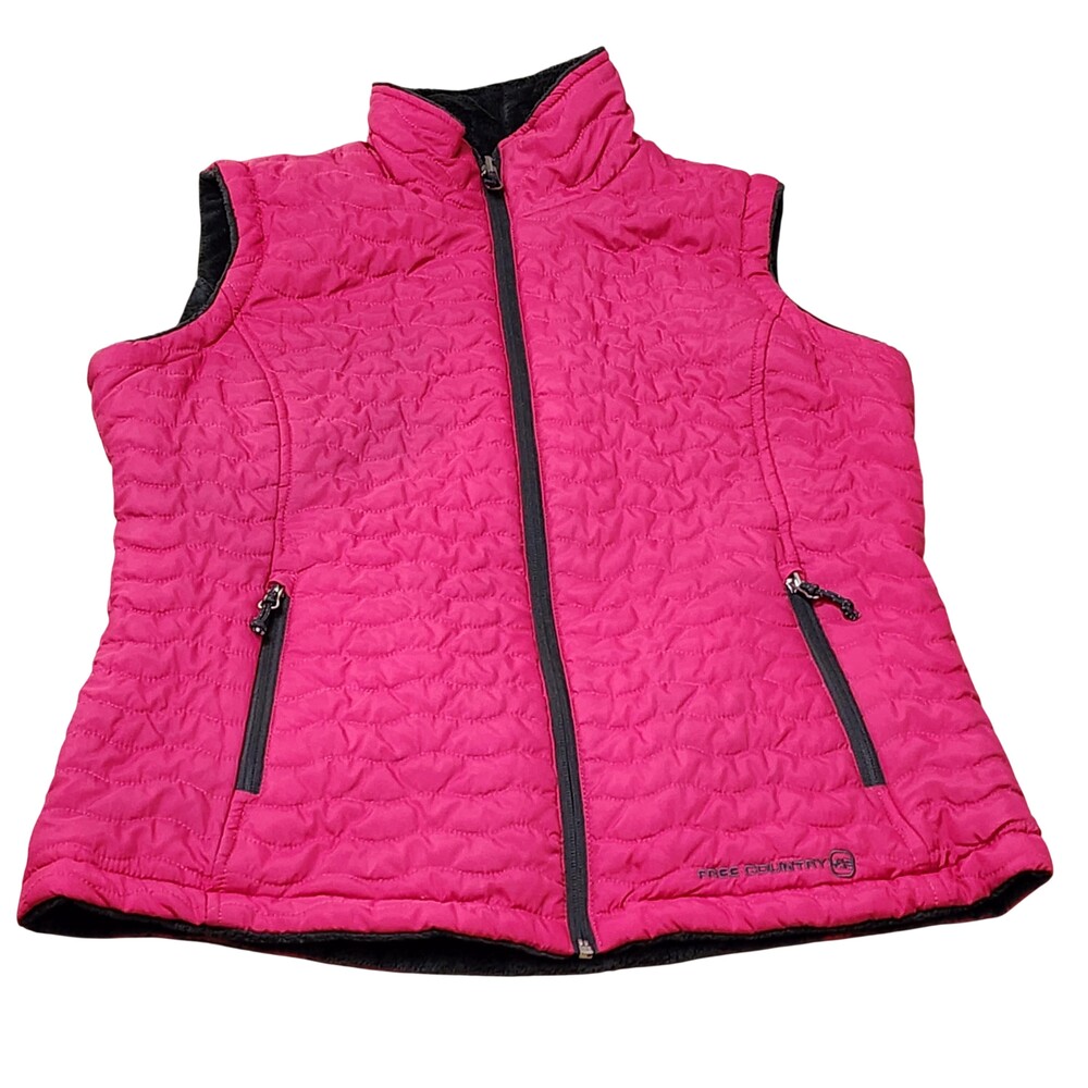 Free Country Puffer Vest Womens Large Pink Gray Reversible Fleece Lined Quilted